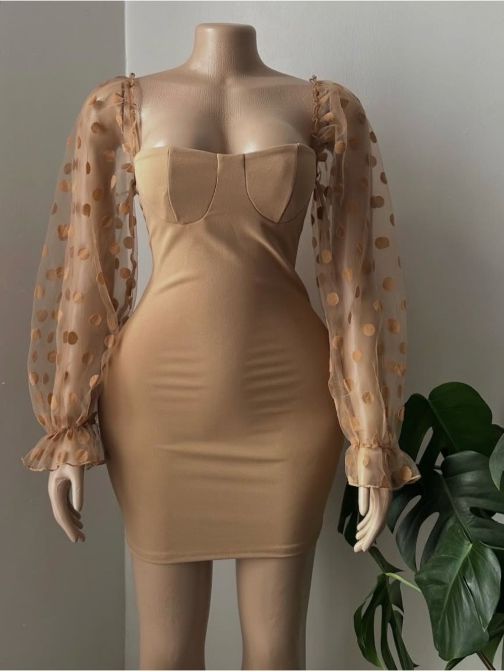 Sheer Polka Dot Sleeve Mini Dress in Nude